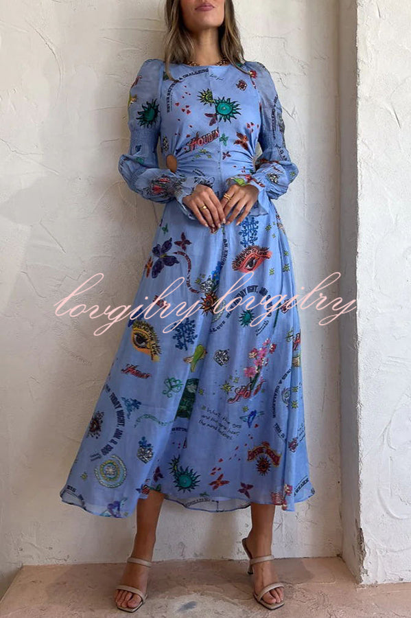 Special Holiday Linen Blend Unique Print Cut Out Puff Sleeve Lightweight Midi Dress