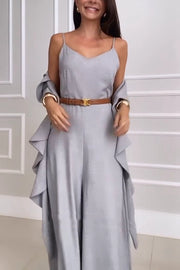 Solid Color V-neck Suspenders Casual Wide-leg Jumpsuit (Contains Shawl)