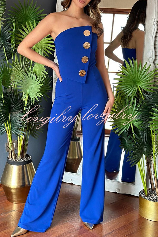 Solid Color Sexy Tube Top Gold Button Embellished Bootcut Jumpsuit