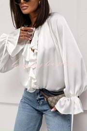 Satin Solid Color V-neck Tie Ruffle Casual Shirt