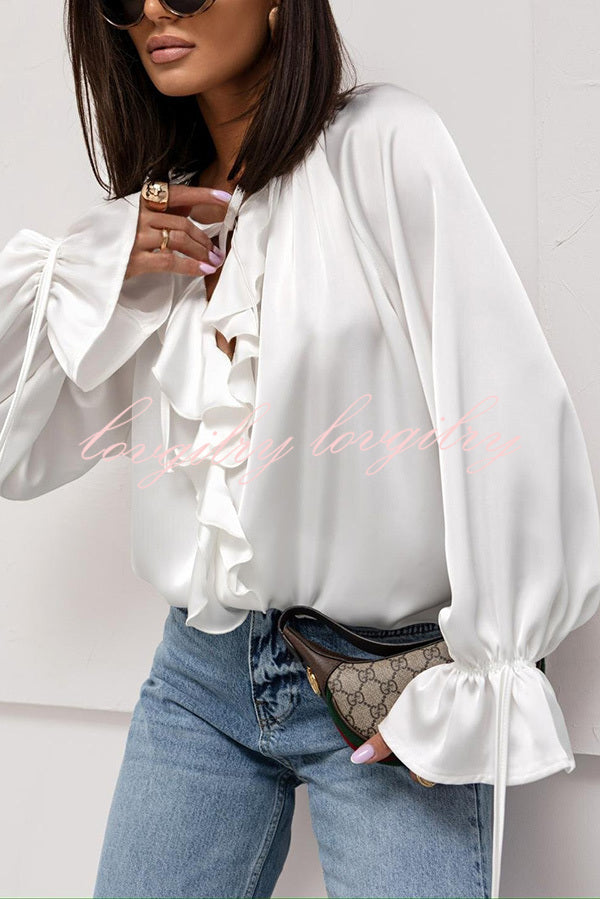 Satin Solid Color V-neck Tie Ruffle Casual Shirt