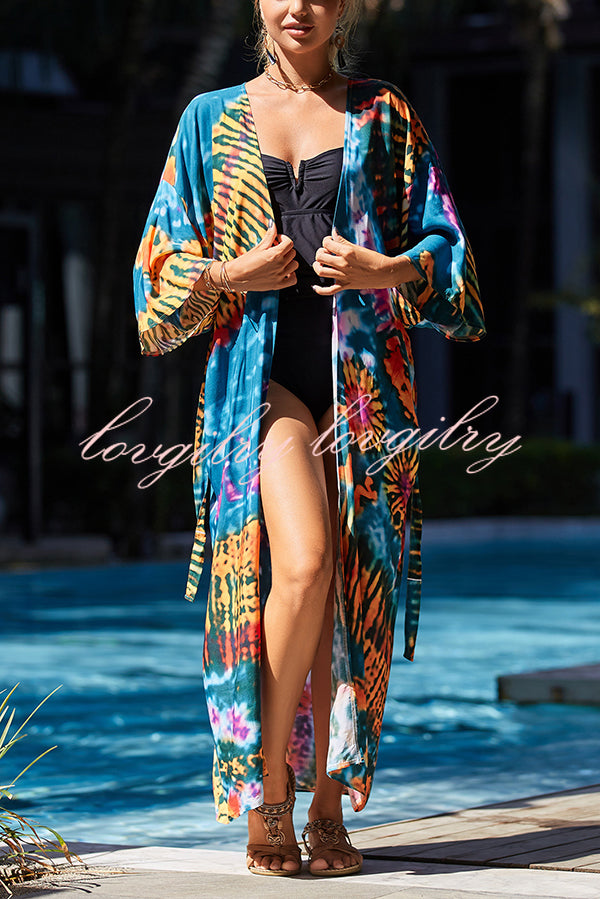 Unique Print Loose Lace Up Holiday Maxi Cover Up