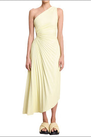 Glam Vibes Satin One Shoulder Side Cutout Pleated Maxi Dress