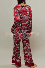 Unique Printed Lounge Long-sleeved Shirt and Elastic Waisted Baggy Pants Set