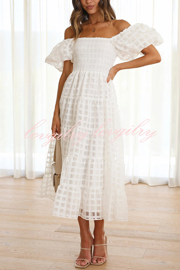 Solid Color Off-shoulder Lantern Sleeve Patchwork Midi Dress