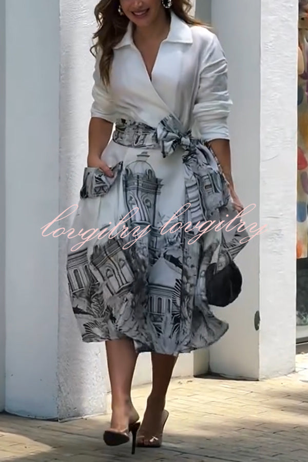 Jiles Linen Blend Unique Contrast Print Long Sleeve Tie-up Pocket Shirt Midi Dress