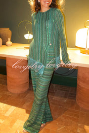 Relaxing Time Knit Zigzag Pattern Tassel Trim Slit Top and Wide Leg Pants Set