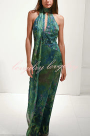 Monet Garden Art Print Turtleneck Cutout Backless Scarf Maxi Dress