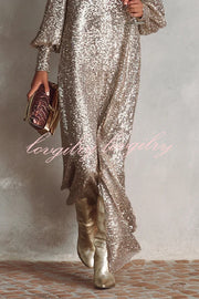 Minimalist Sparkling Sequin V-neck Long Balloon Sleeve Slit Party Maxi Dress
