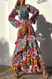 Colorful Day Unique Print Bell Sleeve Cutout Waist Layered Maxi Dress