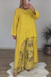 Linen Blend Crew Neck Long Sleeve Irregular Loose Top and Elastic Waist Floral Print Casual Pocket Set