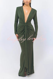 Solid Color Shiny Sexy V-neck Long Sleeve Ribbon Slit Slim Fit Maxi Dress