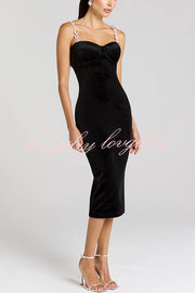 Harley Luxurious Velvet Fabric Jewel-embellished Shoulder Straps Midi Dress