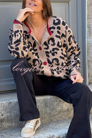 Leopard Print Crew Neck Long-sleeved Loose Knit Cardigan