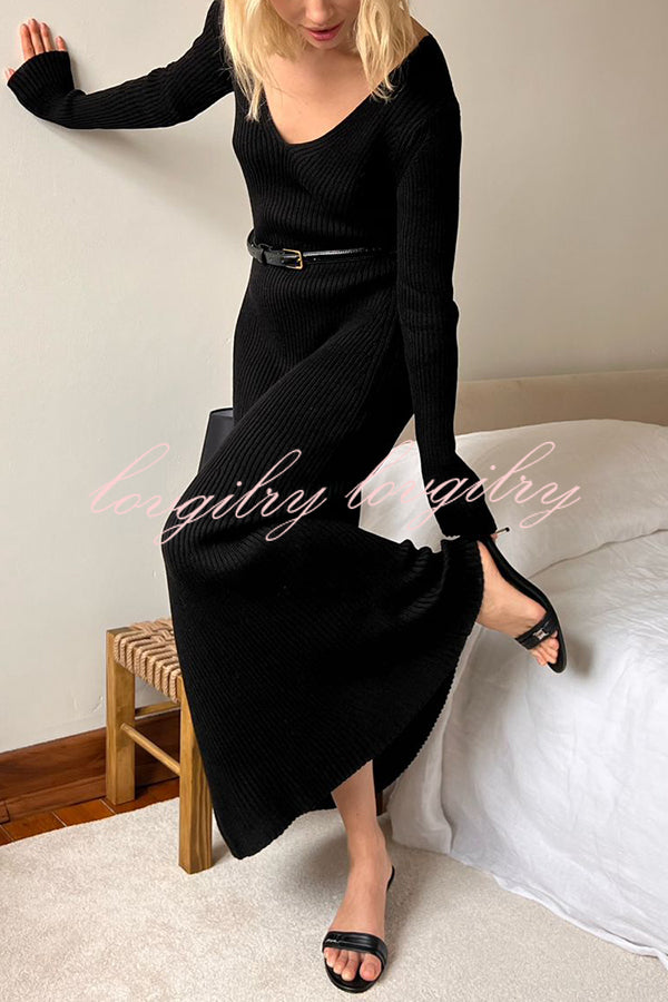 Solid Color V-neck Long-sleeved Slim-fit Elegant Knit Maxi Dress