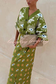 Mysterious Magic Knit Eye Heart Pattern Button Up Long Sleeve Loose Cardigan