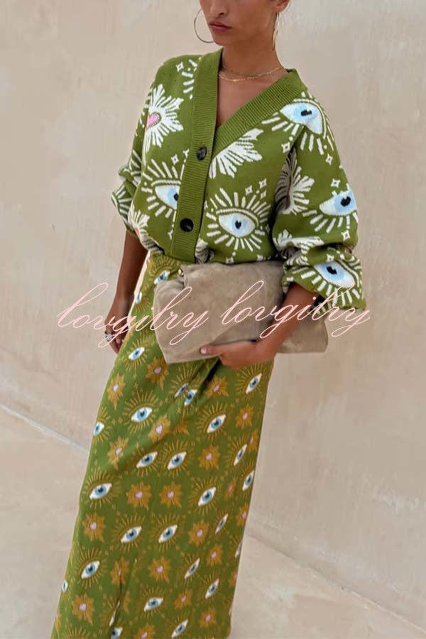 Mysterious Magic Knit Eye Heart Pattern Button Up Long Sleeve Loose Cardigan