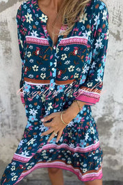 Ethnic Floral Print V-neck Loose Pocket Mini Dress