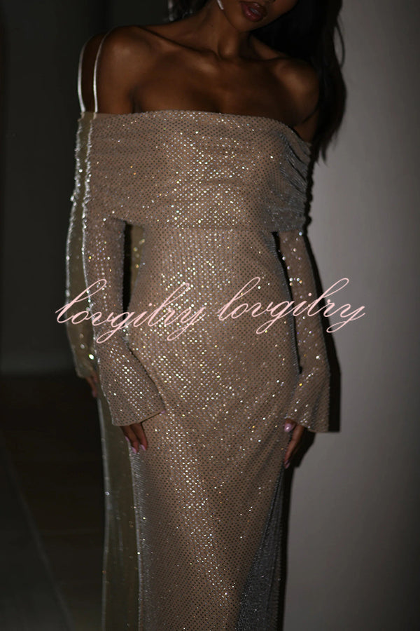 Sexy Shiny Off-The-Shoulder Long-Sleeved Fitted Maxi Dress