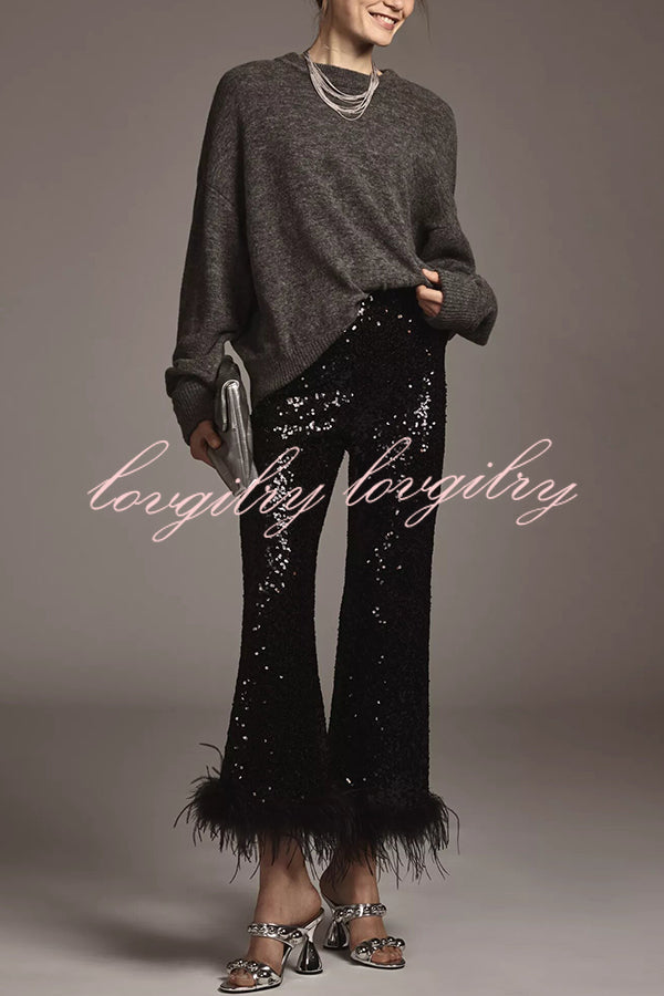 New Year Eve Sequin Feather Trim High Rise Back Zipper Flare Pants