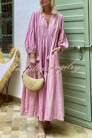 Marrakech Stories Linen Blend Printed Balloon Sleeve Pocketed A-line Midi Dress