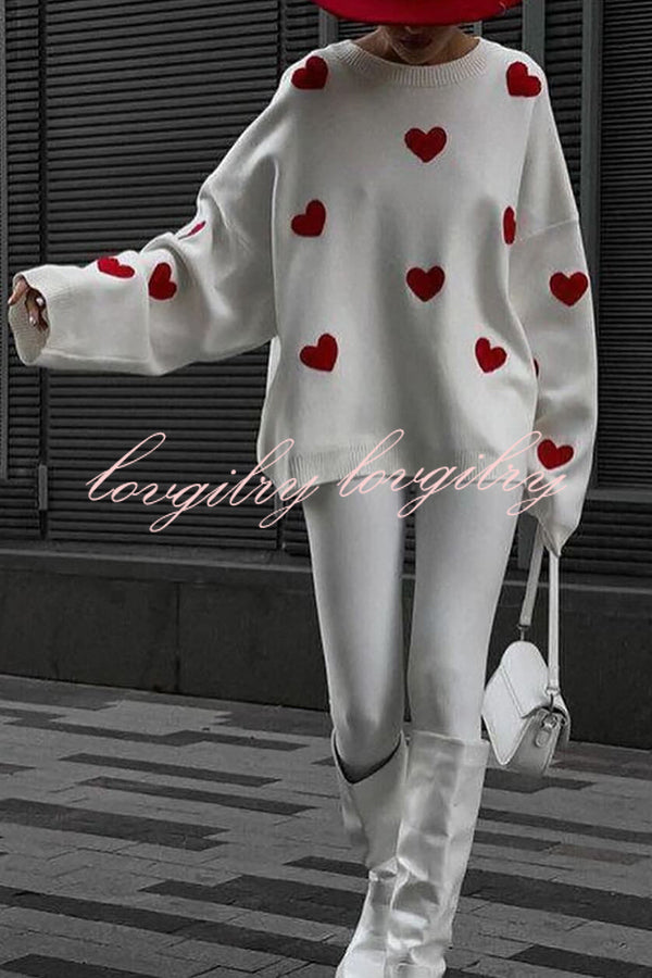 Fashionable Embroidered Love Loose Round Neck Long Sleeve Knitted Sweater