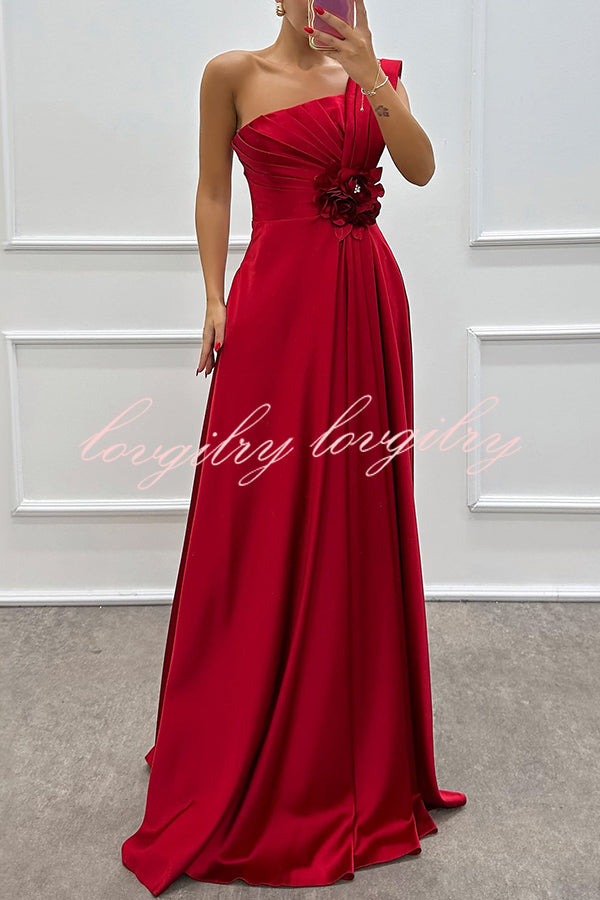 Nasha Satin Pleated One Shoulder Petal Gemstone Detail Pocket Slit Maxi Dress