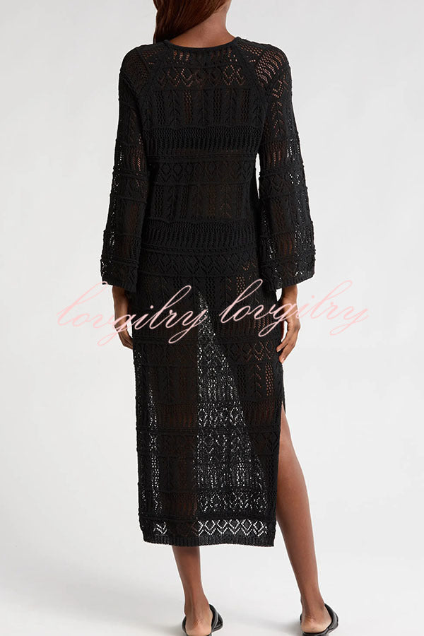 Hollie Knit Unique Pattern Tie-up Long Sleeve Cover-Up Midi Dress