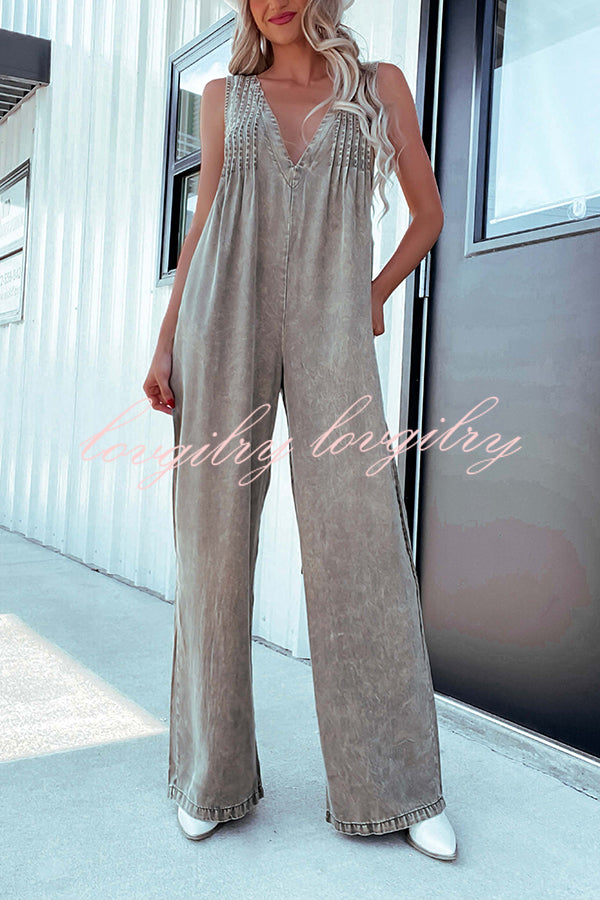 Solid Color Sexy V-neck Open Back Pleated Loose Denim Jumpsuit