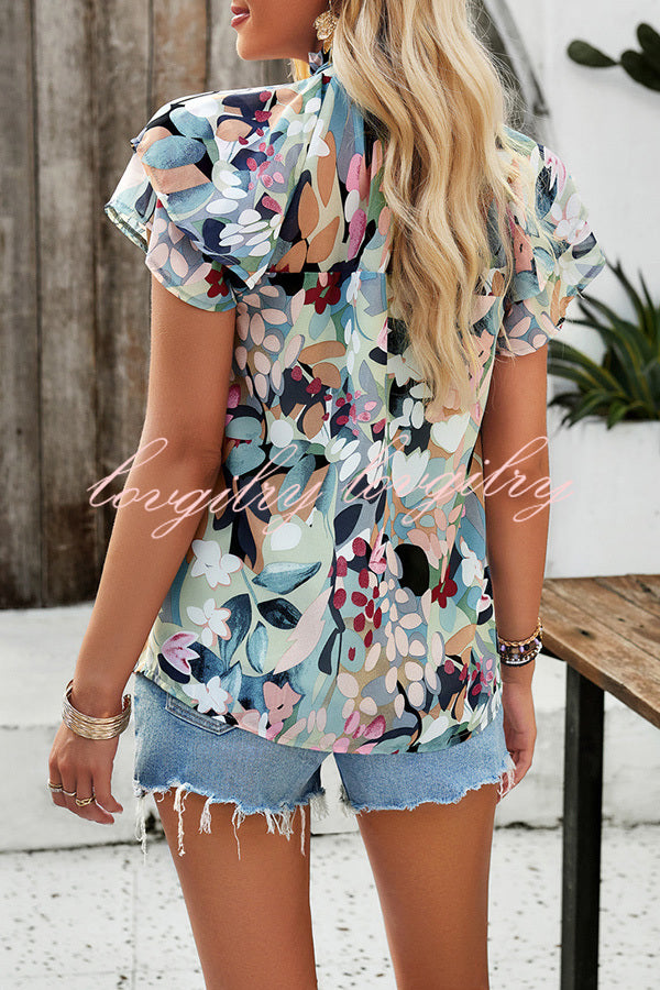 Floral Print Paneled Pleated Crew Neck Pullover Short Sleeved Top