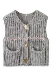 Solid Color Sleeveless Pocket Knitted Vest