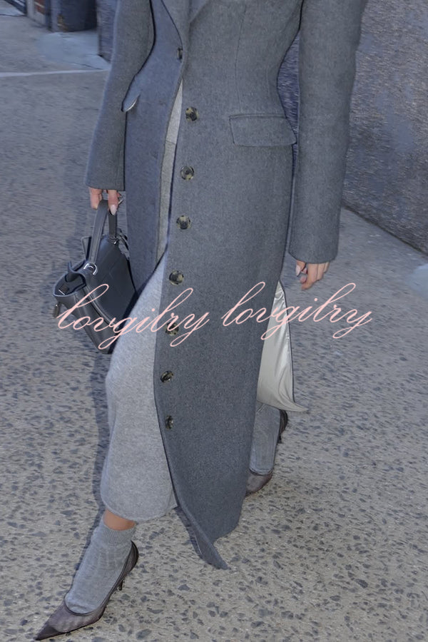 Elegant Lapel Long Sleeve Button High Waist Long Coat