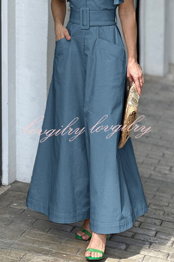 Ruffle Sleeve V Neck High Waist Pocket Maxi Dress