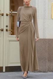 Solid Color Knit Long-sleeved Knotted Slim-fit Maxi Dress
