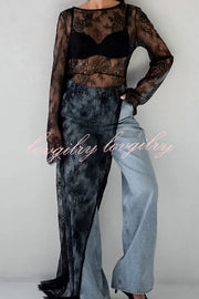 Sexy Openwork Lace Long-sleeved Asymmetrical Casual Top