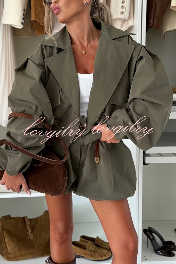 Fashion Style Button Long Balloon Sleeve Pocket Lapel Casual Bomber Jacket