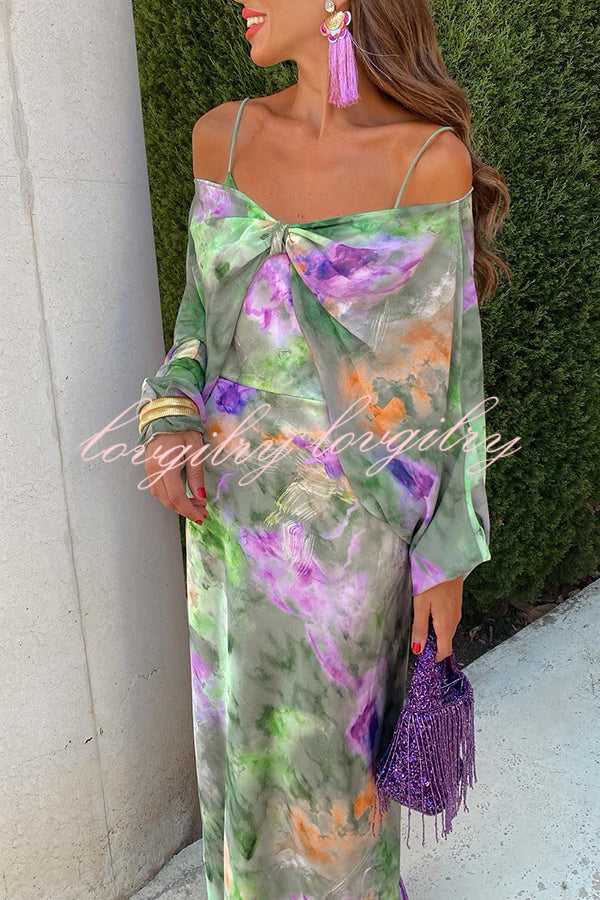 Expect The Best Tulle Tie-dye Print Maxi Dress with Removable Shawl