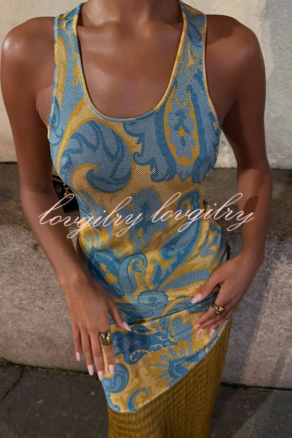 Unique Print Sleeveless Fitted Fringed Hem Maxi Dress