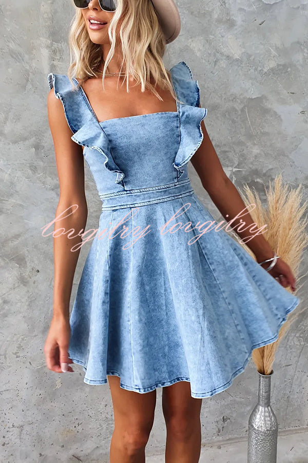 Sweet Secret Denim Square Neck Ruffle Sleeve Stretch Mini Dress