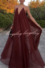 Flowing Lightweight Chiffon Chain Halter Neck Detail Backless A-line Maxi Dress