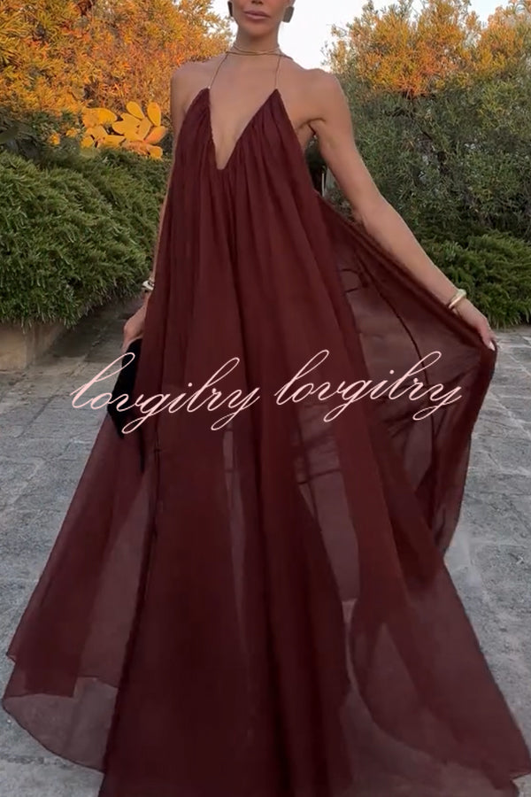Flowing Lightweight Chiffon Chain Halter Neck Detail Backless A-line Maxi Dress