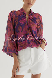 Essentials Printed Gold Cutout Collar Balloon Sleeve Blouse