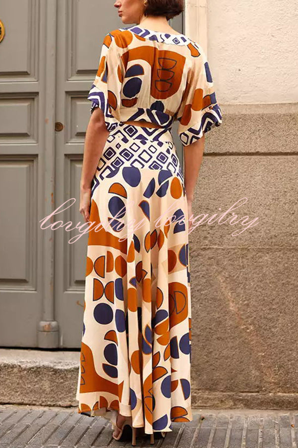 Alma Geometric Unique Print Cutout Waist Wide Sleeve Maxi Dress