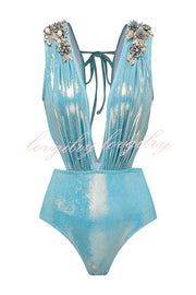 Solid Color Shiny Fabric Deep V Metal Embellished Stretch One-piece Swimsuit