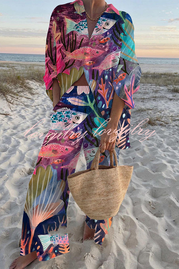 Ocean Fish Print Oversized Shirt and Elastic Waist Pocket Pants Set