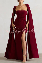 Elegant Goddess Square Neck Twisted Cape Sleeve Slit Maxi Dress