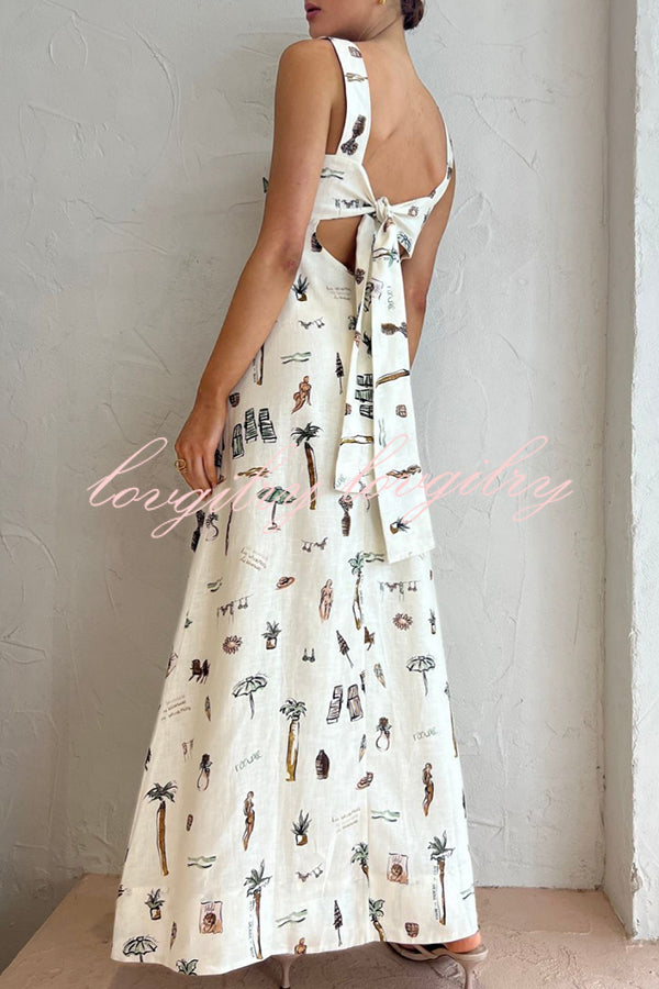 Unique Printed Pocket Strap Backless Lace Up Maxi Dress