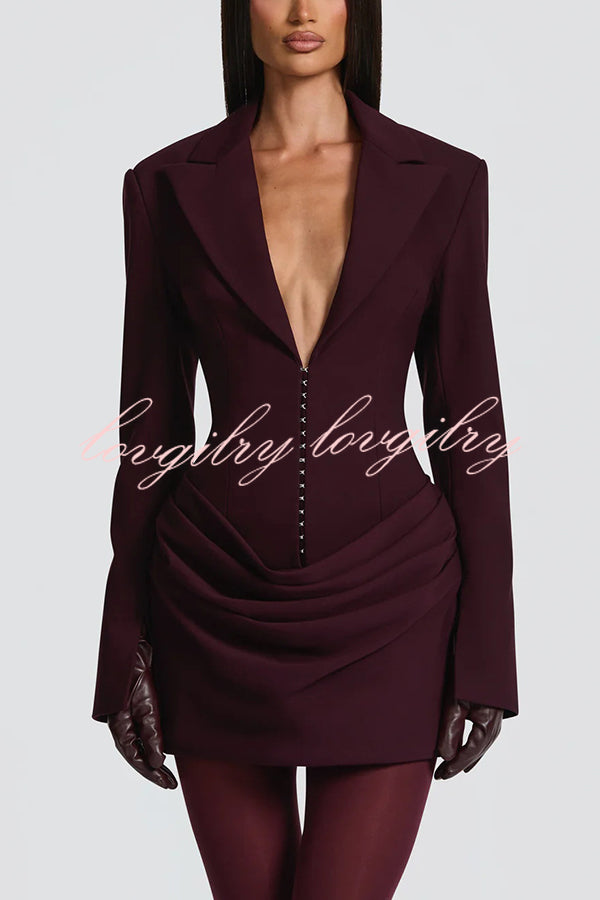 Solid Color Slim-fit V-neck Elegant Draped Formal Mini Dress