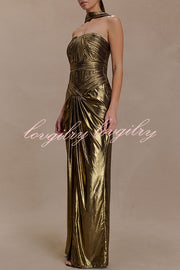 Clemence Plisse Metallic Fabric Reverse Halter Beck Strap Drape Slit Maxi Dress