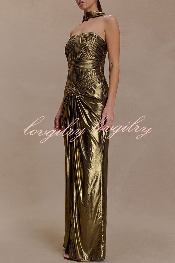 Clemence Plisse Metallic Fabric Reverse Halter Beck Strap Drape Slit Maxi Dress